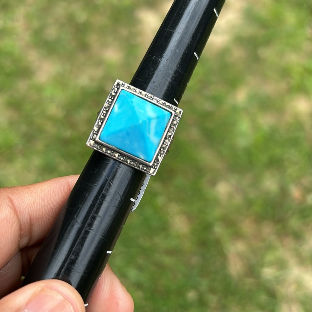 Solid Sterling Silver Turquoise And Marcasite Ring - image 3